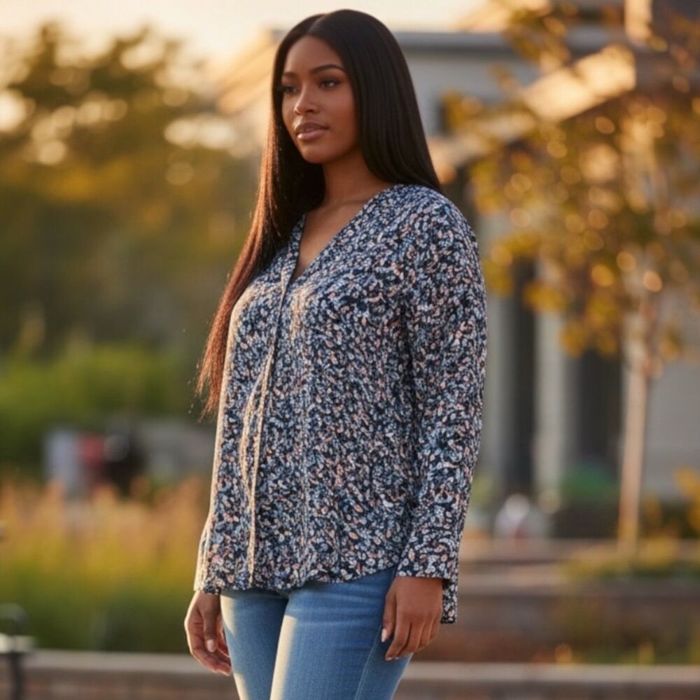 a.n.a. Women’s 1X Top Blue Multi Sheer Long Roll Tab Slv V-Neck Top Artsy Career
